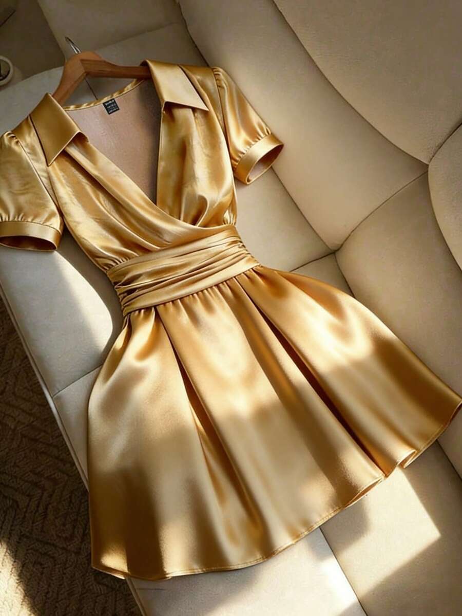 Franclia Vestido Elegante Feminino com Gola Cruzada Especial, Cintura Marcada e Franzido em Formato A - Dourado - Visão 1