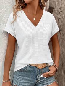 EMERY ROSE Casual Basic Basic Solid Color Short Sleeve T-Shirt, Versatile For Summer Everyday White Vacation - White - View 7