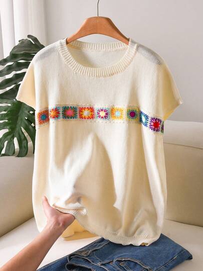 CosyJoli Plus Size Elegant French Casual High-End Water-Soluble Lace Patchwork Knit Sleeveless Top, Lightweight For Spring/Summer