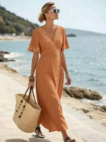 Breezaya Women's Yellow Embroidered V-Neck Dress,Short-Sleeved Boho Crossover Tie-Waist Adjustable Ruffled Summer Holiday Beach Vacation,Beige Country Style - Orange - View 1