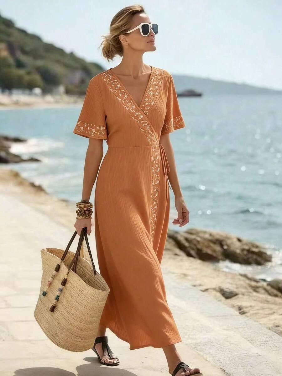 Breezaya Women's Yellow Embroidered V-Neck Dress,Short-Sleeved Boho Crossover Tie-Waist Adjustable Ruffled Summer Holiday Beach Vacation,Beige Country Style - Orange - View 1