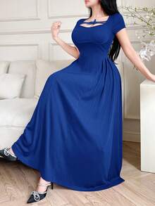 Feyla Damen Einfarbiges Kleid mit Schleifendekor, Kurzarm, elegant - Blau - Übersicht 4