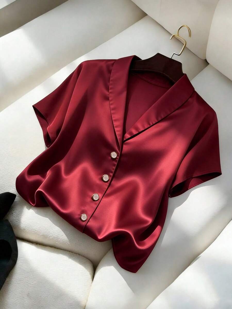 INAWLY Eleganter Mode-Satin-Cardigan mit Perlknöpfen, geeignet für Urlaub, Pendeln und Reisen, Damen Kurzarm Bluse, Frühling/Sommer - Bordeaux - Übersicht 1