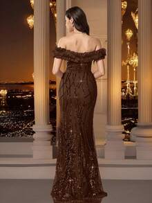 Coutiva 秋冬季优雅亮片定位拼接性感单肩荷叶边修身鱼尾裙正式晚礼服，适合派对、婚礼宾客、毕业典礼等场合穿着。 - 棕色 - 查看 2