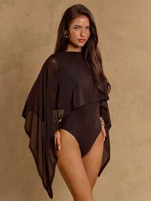 SHEIN BAE 女士斜肩荷叶边层叠雪纺衬衫，优雅衬衫，简约时尚衬衫 - 棕色 - 查看 1