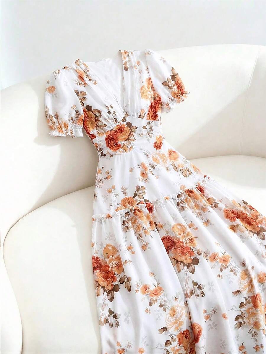 GlowEve Đầm ngắn tay in hoa thanh lịch dành cho nữ, thích hợp cho mùa xuân/hè. - trái cam - Xem 1