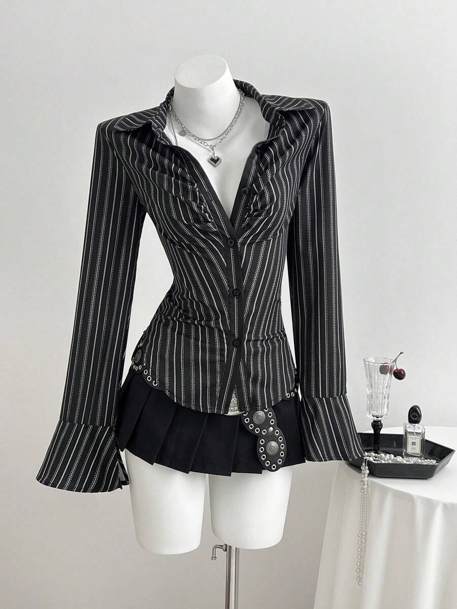 Elamini 女士条纹简约休闲长袖衬衫 - 黑色 - 查看 1