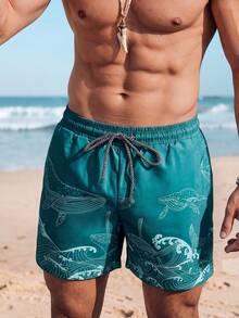 VIVINTIMO 男士海洋元素印花抽绳腰沙滩短裤，夏威夷风情 - 青碧色 - 查看 4