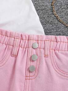 SHEIN 女婴荷叶边腰带口袋毛边牛仔裙 - 粉色 - 查看 4