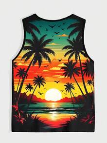 Manfinity RSRT Plus Size Men's Summer Tropical Print Trim Casual Tank Top, Holiday - Multicolor - View 2