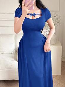 Feyla Damen Einfarbiges Kleid mit Schleifendekor, Kurzarm, elegant - Blau - Übersicht 5