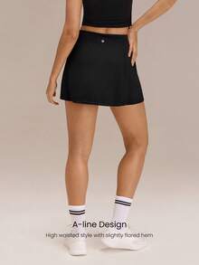 GLOWMODE Court Confidence Tummy Control Side-Split Hem Built-In Shorts Non-Slip Grips A-Line Mini Tennis Skirt Tennis Golf Pickleball Daily Casual Wear - Black - View 3
