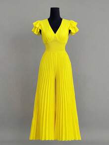 Xyvia 女士优雅精致V领无袖收腰褶裥连体裤 - 黃色 - 查看 4