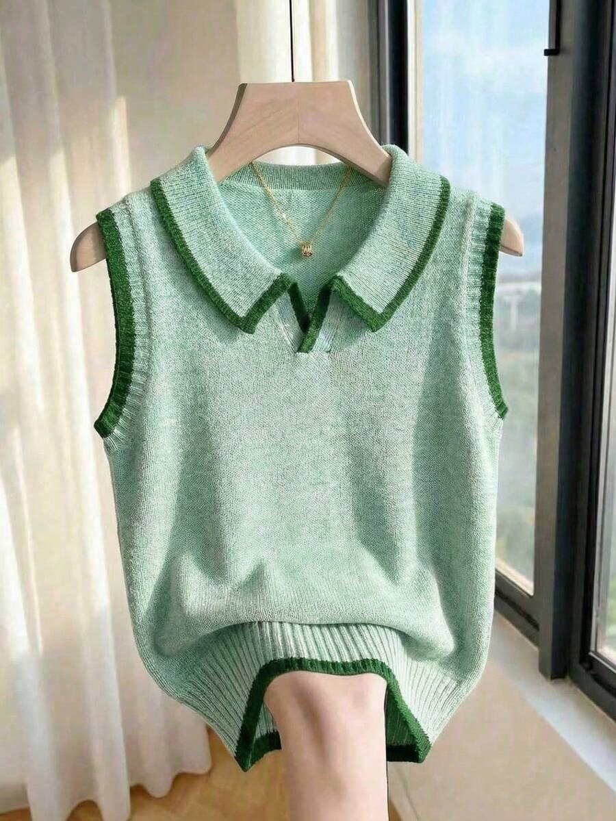 SHEIN LUNE Sage Green Knitted Vest,Polo Collar Half-Button Design,Contrast Trim Sleeveless Soft Ribbed Knit Top,Autumn Casual School Back-To-School Layering - Mint Green - View 1