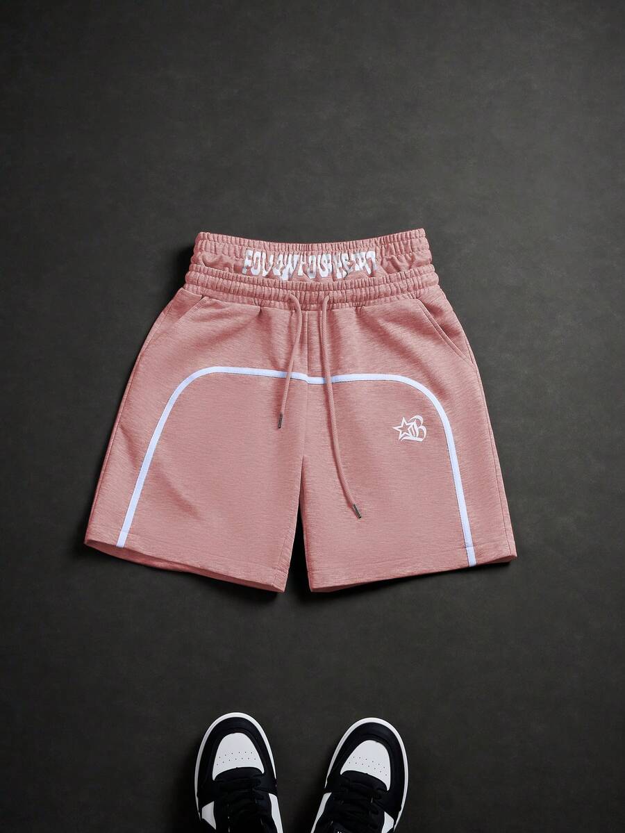 PAVTROS Men's Letter Print Drawstring Waist Shorts - Pink - View 1