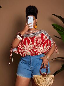 Maweii Blus Kasual Wanita Ukuran Besar dengan Motif Abstrak dan Tali Serut serta Detail Kerut - MultiWarna - View 3