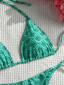 Swim Mod Women's Summer Beach Floral Print Halter Tie Sexy Bikini Swimsuit Set, Random Print - Green - View 4