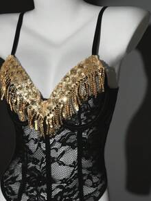 Seduluxe 2pcs/Set Women's Sexy Lace Mesh Tassel Jumpsuit And Mini Skirt Set - Black - View 9