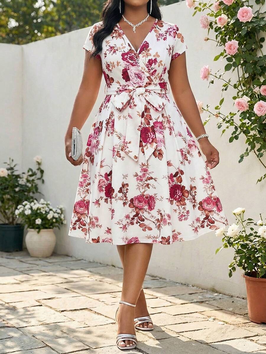 SHEIN Lady 大码优雅印花连衣裙，夏季 - 彩色 - 查看 1