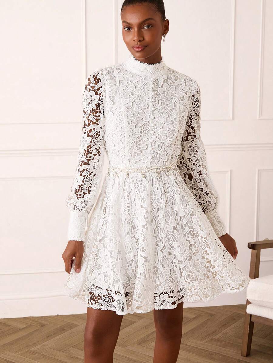 Lilora Vestido Elegante de Manga Longa com Renda Vazada e Cor Sólida para Mulheres