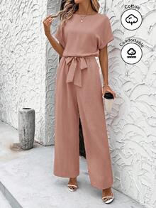 SHEIN Clasi 夏季优雅女士蓝色凉爽亚麻褶皱面料短袖连体裤，带肩袖和系腰带，适合各种场合，日常旅行、外出等。 - 藕粉色 - 查看 1
