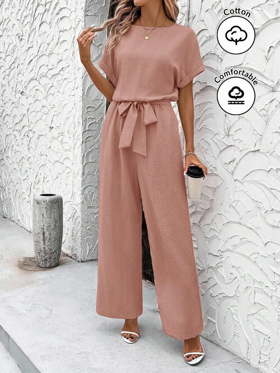 SHEIN Clasi 夏季优雅女士蓝色凉爽亚麻褶皱面料短袖连体裤，带肩袖和系腰带，适合各种场合，日常旅行、外出等。 - 藕粉色 - 查看 1