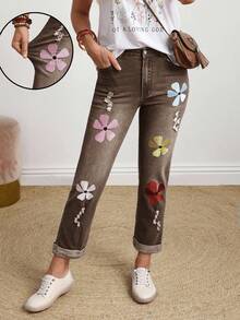 EMERY ROSE Celana Jeans Denim Kasual Ukuran Besar dengan Motif Bunga Bordir dan Tampilan Usang - Coffee Brown - View 3