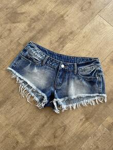 SHEIN Shorts vaqueros vintage con remaches de tiro ultra bajo - Azul - Ver 1