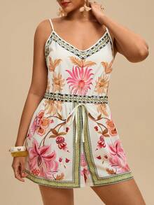Travachic Bộ jumpsuit nữ cổ chữ V, eo thon, tay ngắn, dáng rộng, họa tiết hoa, thanh lịch, thích hợp mặc hàng ngày, đi nghỉ mát, đi biển, mùa xuân/hè, cỡ lớn. - Nhiều màu - Xem 5