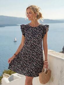 SHEIN LUNE Ditsy Floral Print Ruffle Trim Dress,Summer Dresses For Women,Casual - Multicolor - View 1