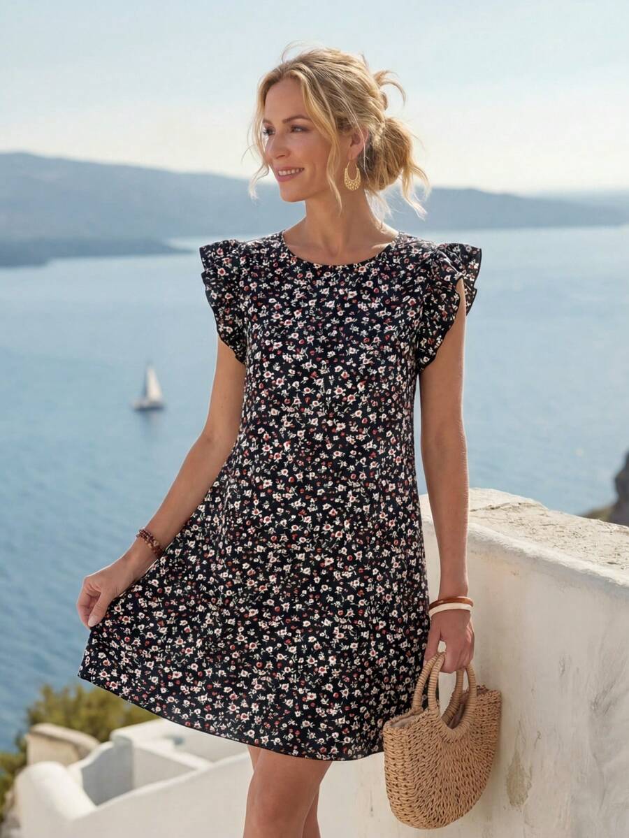 SHEIN LUNE Ditsy Floral Print Ruffle Trim Dress,Summer Dresses For Women,Casual - Multicolor - View 1