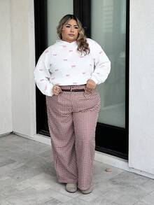 Enliva 大码复古红格子高腰阔腿裤，优雅的办公室/通勤装 - 酒紅色 - 查看 5
