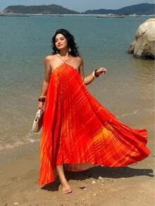 Sunnyshic Đầm dạ hội xếp ly kẻ sọc cổ yếm dành cho nữ cỡ lớn - Màu Cam cháy - Xem 5