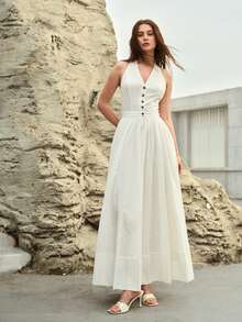 MOTF PREMIUM WOMEN'S V-NECK WAIST GATHERED SWING DRESS, SPRING/SUMMER - White - View 7