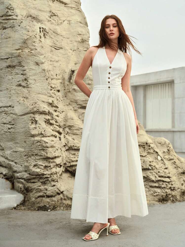 WOMEN'S V-NECK WAIST GATHERED SWING DRESS, SPRING/SUMMER