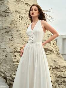 MOTF PREMIUM WOMEN'S V-NECK WAIST GATHERED SWING DRESS, SPRING/SUMMER - White - View 6