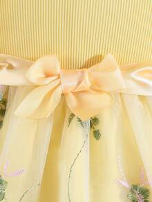 女婴夏季新款紫色罗纹花卉刺绣荷叶边下摆简约时尚可爱甜美吊带裙 - 黃色 - 查看 4