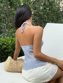 Sunnyshic Áo len nữ màu xanh dương gợi cảm, dễ thương, dây mảnh, cổ chữ V, khoét lỗ, thêu hoa, thích hợp mặc đi biển mùa hè. - Màu xanh lam - Xem 2