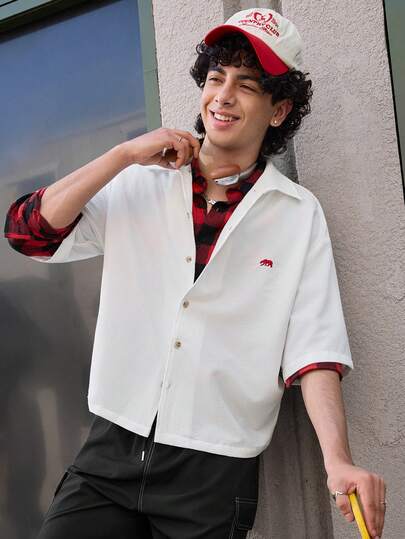 Open Phase 男士休闲时尚梭织短袖衬衫，带刺绣北极熊图案，适合夏季