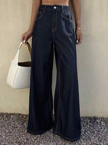 DAZY Quần jeans nữ ống rộng cạp cao dáng suông tối giản, thích hợp mặc hàng ngày đi làm. - Rửa tối - Xem 4