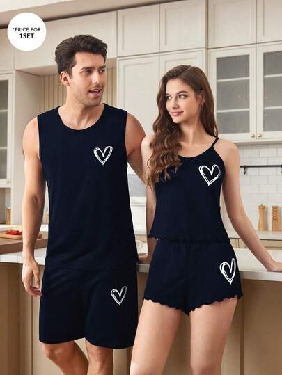 CoupledUp 男士休闲爱心印花无袖背心和睡衣套装，简约风格