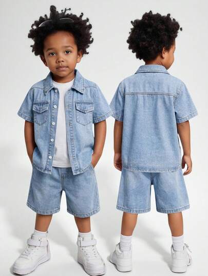 2pcs/Set Young Boy New Fashion Casual Soft Basic Simple Blue Denim Short Sleeve Shirt And Long Jeans Shorts Set Spring Summer,For Kids Boys Spring/Summer Dailywear Outfits,Boys Streetwear Outfits,Beach Vacation Outfits For Boys,Boys Summer Boho Outfits,Casual Clothes For Boys ,Graphic Jeans Boys,Toddler Two-Piece Set,4-Year-Old Boys Two-Piece Set,Summer Two-Piece Set,Casual Two-Piece Set, Two Piece Denim Set Kids, Denim Short Set For Boys, Denim Outfits Sets For Kids, Denim Toddlers