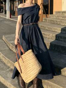 FRIFUL Women's Vacation Asymmetrical Shoulder Ruched Denim Dress - Blue - View 11