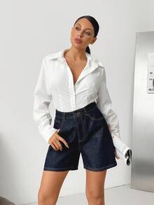 SHEIN High Waist Raw Dark Blue Wash Smart Casual Style Woman Denim Jean Button Closure - Dark Wash - View 4
