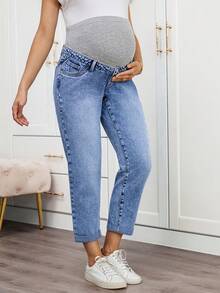 SHEIN Maternity Cuffed Light Blue Casual Fall Autumn Winter Halloween Christmas New Year Thanksgiving Versatile Jeans With Belt Loops , Y2k Cute Party Streetwear Techno Birthday Airport Mom Jeans - Blue - View 3