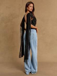 SHEIN BAE 女士优雅蕾丝荷叶边系带连体衣 - 黑色 - 查看 2