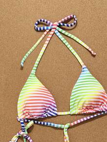 Swim Mod New Crinkle Striped Blue & White Spaghetti Strap Twist Side High Cut Bikini 2 Pieces Swimsuit Set For Beach Vacation - Multicolor - View 4
