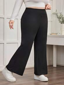 Enliva 大码高腰喇叭弹力休闲裤，返校季，针织面料，女士秋季裤装，冬季，CURVE PLUS，夏季 - 黑色 - 查看 3