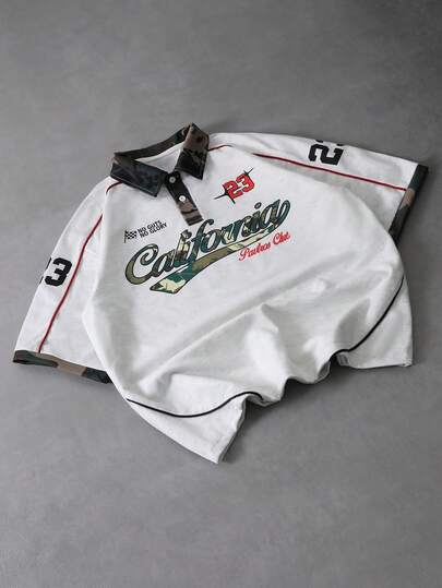 PAVTROS 男士街头风短袖T恤，赛车运动风，宽松版型，街头运动风格，复古拼接，迷彩元素，复古数字字体，多种元素混搭，辨识度高，美式复古艺术风格，日常穿着，运动休闲，轻量级品牌，主题派对，赛车活动，节日礼物，男友礼物