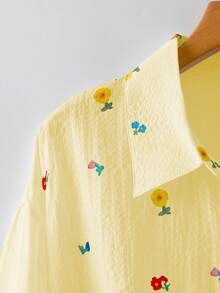SHEIN LUNE Spring & Autumn New Ditsy Floral Print Casual Commuter Plus Size Shirt Fall - Yellow - View 3